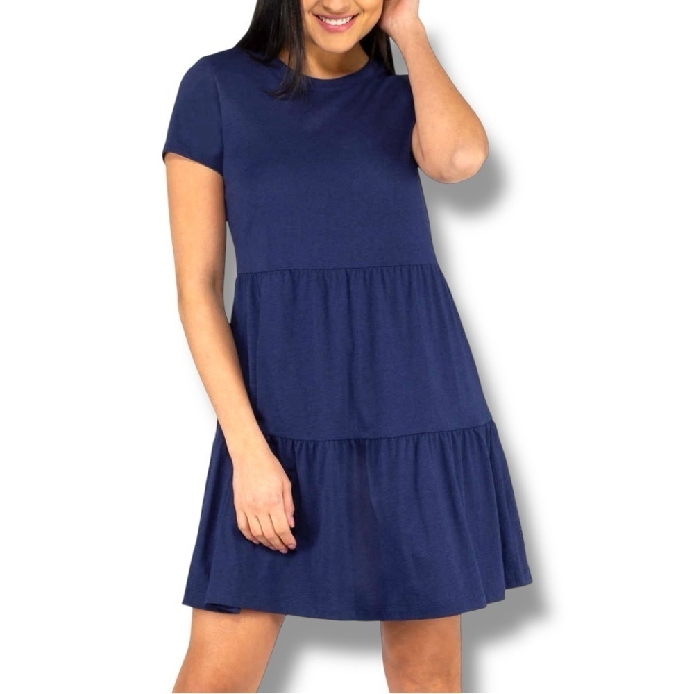 Casual Navy Blue A-Line Tiered Short Sleeve Mini Dress with Crew Neck